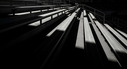 A minimalist study of empty stadium bleachers under harsh sunlight, emphasizing linear patterns and deep shadows