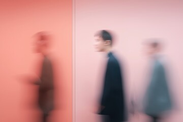 Abstract scene of motion-blurred figures interacting with floating translucent interfaces in modern corridor