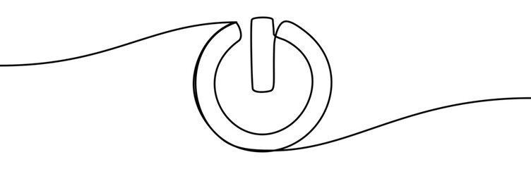 Continuous line drawing of a power button symbol in a clean minimal outline style. Smooth linear contour, simple eco-themed graphic element, isolated on transparent background, vector illustration
