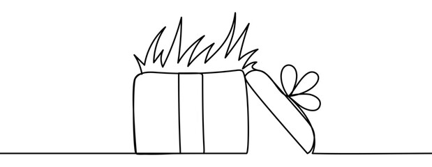 Continuous line drawing of an open gift box with grass sprouting from inside. Minimal eco outline style, smooth linear form, clean contour, isolated on transparent background, vector illustration