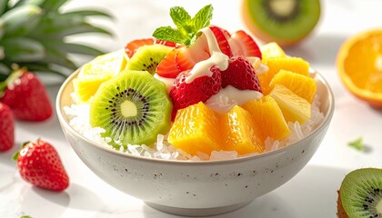 Refreshing tropical fruit bowl with shaved ice and condensed milk, featuring kiwi, strawberry, pineapple, and orange slices in vibrant detail.