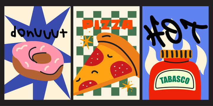Abstract bright posters in retro style. Decor for wallpaper, walls and postcards. Vintage home decor food banners set. Donut, pizza, tabasco hot sauce. Modern text