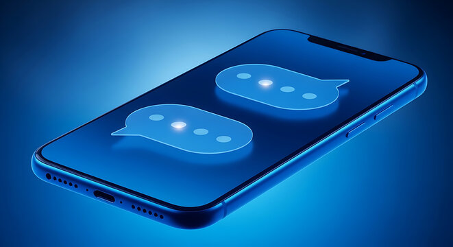 Modern smartphone displaying chat bubbles, representing communication and digital messaging in a glowing blue interface