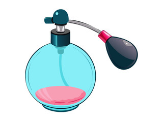 A transparent glass bottle containing a blue liquid fragrance, isolated as a cosmetic beauty object