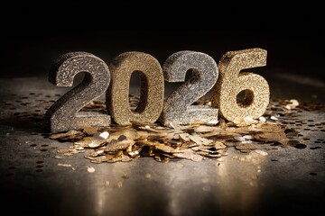Glittery number 2026 stands on a surface covered with shimmering confetti, symbolizing new year celebration, festive party, future, and success. Dark background creates dramatic mood