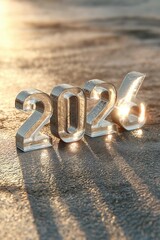 Shiny metallic 2026 number standing on textured surface with warm golden sunlight and long shadows, symbolizing new year, future, and beginning