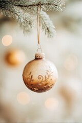 Elegant Christmas ornament with intricate glitter design hanging from frosted pine tree branch. Festive holiday decoration with warm bokeh light background, symbolizing celebration and winter season