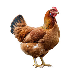 Fototapeta premium Realistic brown farm chicken standing on transparent background black background detailed feathers