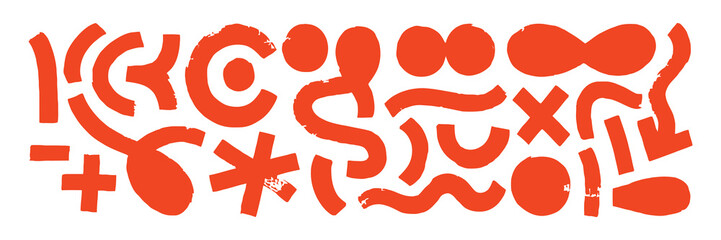 Whimsical orange symbols and characters on white background vector icon set