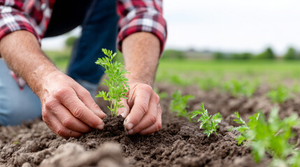 Male gardener in plaid shirt carefully planting young carrot seedlings in rich soil, showcasing agricultural practices and dedication to sustainable farming methods