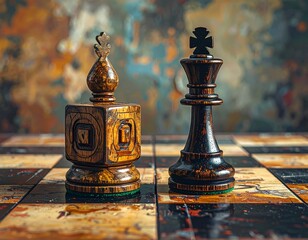 Unique wooden bishop and classic king chess pieces on a vintage chessboard, highlighting strategy