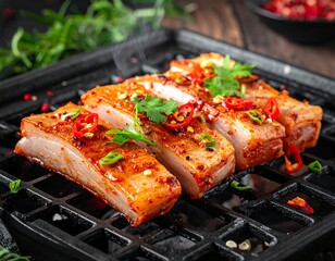 Sizzling pork belly slices on a black grill, seasoned and garnished