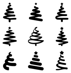 Collection of nine stylized black Christmas tree icons with stars