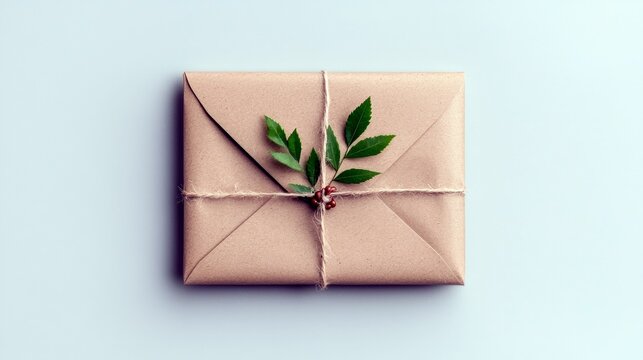 A simple, eco-friendly gift wrapped in brown paper, tied with twine, and adorned with natural green leaves and small red berries.