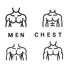 Men Chest Muscle Definition Line Icons, Torso and Abdomen Fitness Icon Set, Outline Illustrations of Male Upper Body, Graphic Showing Different Body Types of Men's Chest, illustration, vector.