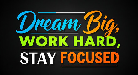 Typographic design featuring a powerful motivational quote about dreaming big, working hard, and staying focused to achieve success and personal growth