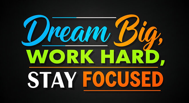 Typographic design featuring a powerful motivational quote about dreaming big, working hard, and staying focused to achieve success and personal growth