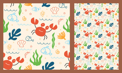 Cute Underwater Crab and Fish Seamless Pattern for Kids Fabric, Summer Packaging, and Marine Scrapbooking.