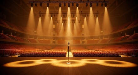 Dramatic golden spotlights illuminate a single microphone on an empty stage before the show
