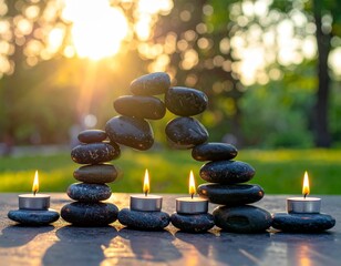 Golden Hour Zen Serenity with Balanced Stones and Glowing Candles in Nature's Embrace