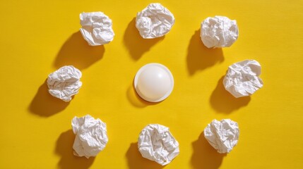 White crumpled papers lined uniformly on vibrant yellow surface with one clean intact sheet centered, top down view.