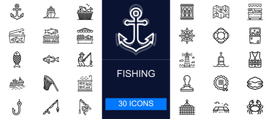 Fishing icon set. Angling, boats, nets, fish species, bait, gear, marine tools, seafood, navigation and more. Thin line vector icons collection for hobby fishing, marine work and seafood industries.