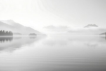 Generative AI tranquil misty mountain lake panorama