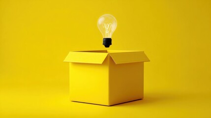 A bright yellow light bulb illuminates inside an open cardboard box,