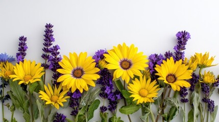 A vibrant bouquet of yellow daisy-like flowers with dark centers and tall purple spikes resembling lavender,