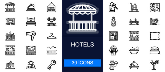 Hotel icon set. Accommodation, rooms, service, amenities, hospitality, booking, cleaning, comfort, leisure and more. Thin line vector icons for travel, lodging and hotel service industries.