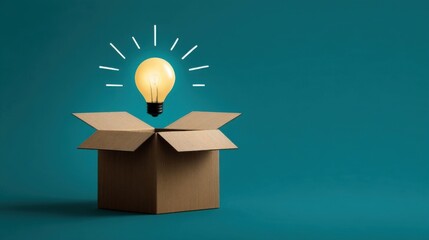 An open cardboard box with a glowing light bulb floating above it,