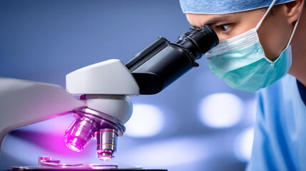 Male scientist wearing a surgical mask and blue scrubs is examining a sample under a microscope in a modern laboratory, showcasing advanced research techniques and dedication to science
