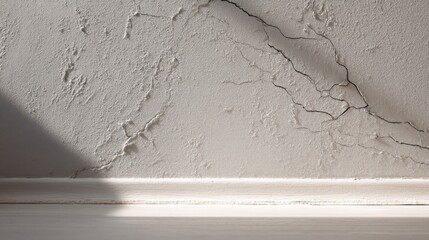 An interior wall with extensive cracks spreading unevenly across its surface, rough damaged plaster texture,