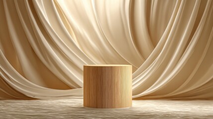 A wooden podium stands centrally on a plain white floor with a curtain backdrop,