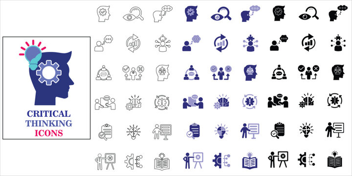 critical thinking icons set. problem, thinking, reasoning, evaluation, argument, logic and more. simple complette vector
