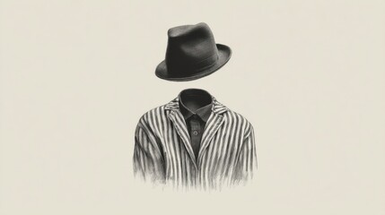 A floating hat hovers above the neck of a shirted figure,