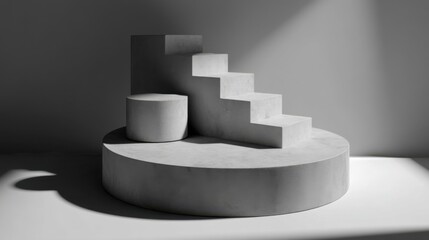 Three concrete geometric forms arranged against a gray background,