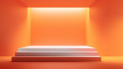 Empty stage with multi-level steps leading up, vibrant orange walls, warm inviting atmosphere,