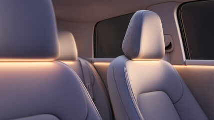 Modern vehicle interior showcasing light-colored upholstered seats with contrasted stitching, ambient lighting,
