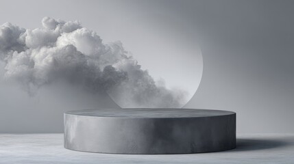 A weathered gray concrete cylindrical platform stands centrally,