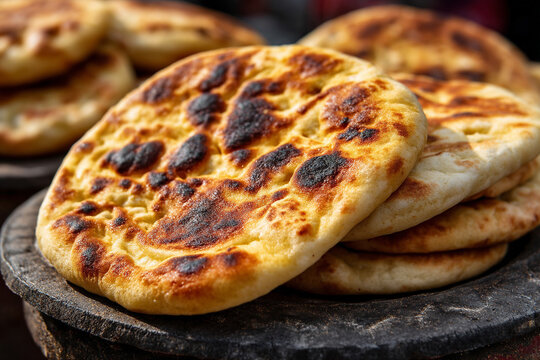 A close-up of Khubz (Yemeni bread), thick and round, with a slightly charred crust, served fresh from the oven.