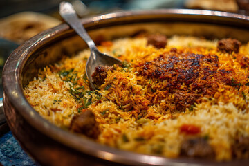 A close-up of Zurbiyan (layered rice and meat), fragrant with spices, served in a large communal dish, symbolizing shared meals.