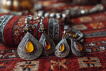 A collection of intricately crafted Yemeni silver jewelry, adorned with amber and agate stones, displayed on a traditional textile.
