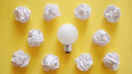 Nine crumpled papers arranged in a circle surround a glowing incandescent bulb on a wooden desk,