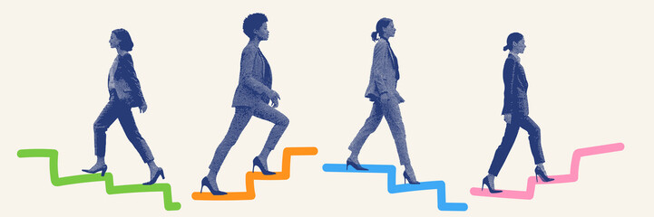 Female business figures taking steps up a colorful staircase symbolizing growth and career progress