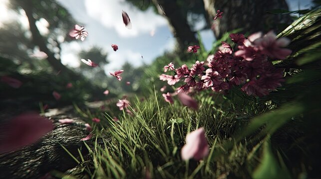 Pink flower petals drift downwards across lush green grass in a sunlit forest setting - Powered by Adobe