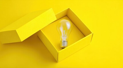 An illuminated light bulb inside a yellow cube-shaped object with same colored background, casting no shadows,