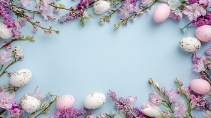 Colorful Easter eggs and fresh flowers arranged beautifully on a soft blue background,