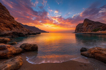 The serene, calm waters of the Gulf of Aden coastline, reflecting a brilliant sunset sky, framed by abstract rugged cliffs and sandy beaches.