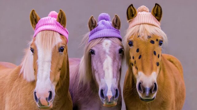 Three horses wearing colorful knitted hats, funny winter animal portrait, playful equine style, Year of the Horse 2026, cozy fashion concept, pastel background